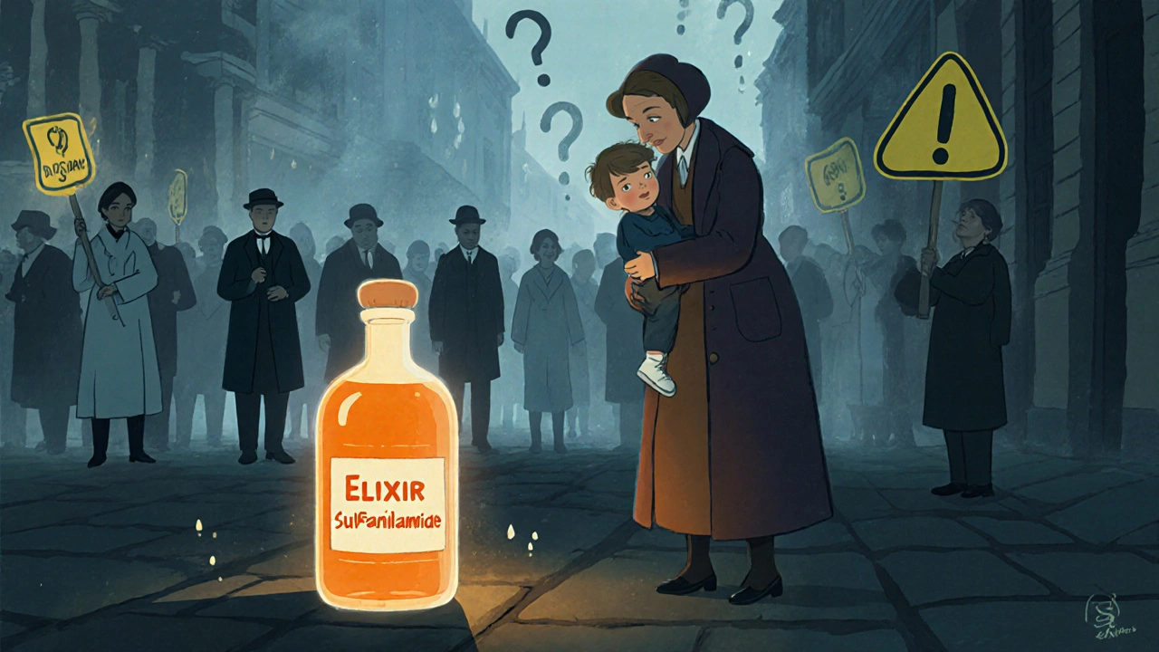 A mother holding a sick child beside a glowing toxic medicine bottle, surrounded by worried figures in 1930s clothing.