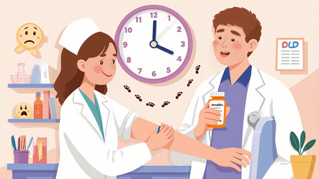 A nurse and pharmacist perform a penicillin skin test in a bright clinic, with a clock showing 25 minutes.