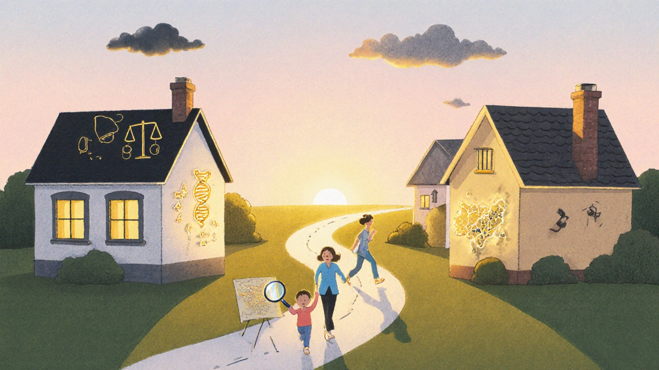 A path through a town where homes represent different medications, with one glowing positively as a doctor and patient walk together.