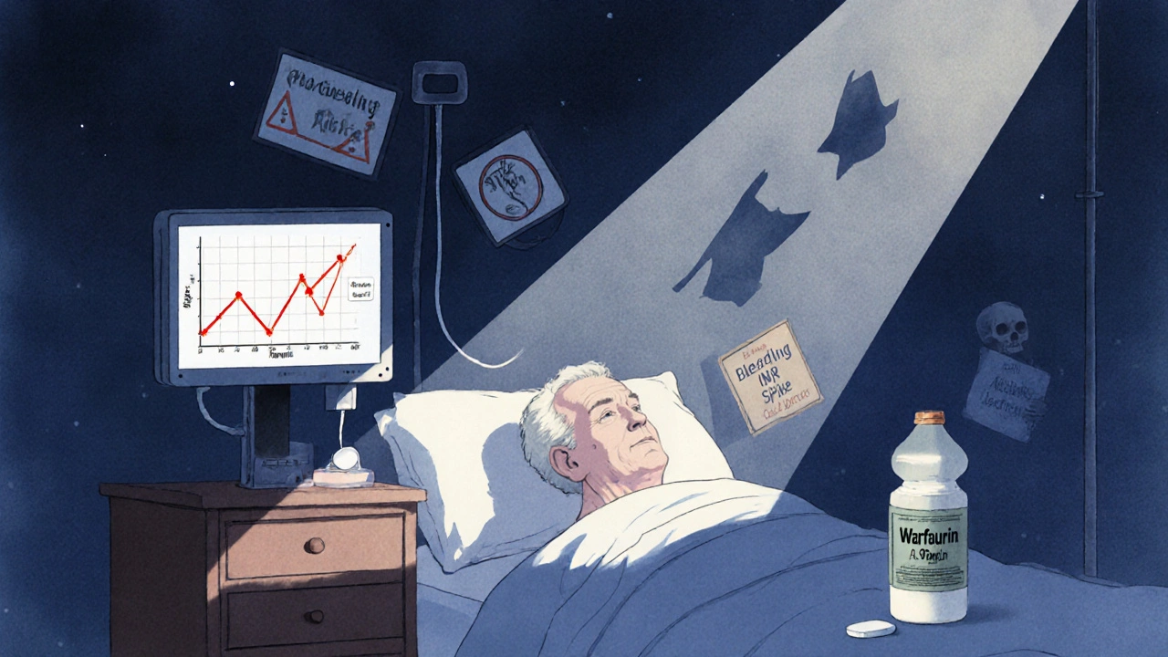 A patient in hospital bed with a crashing hemoglobin graph, NSAID pill rolling toward warfarin bottle.