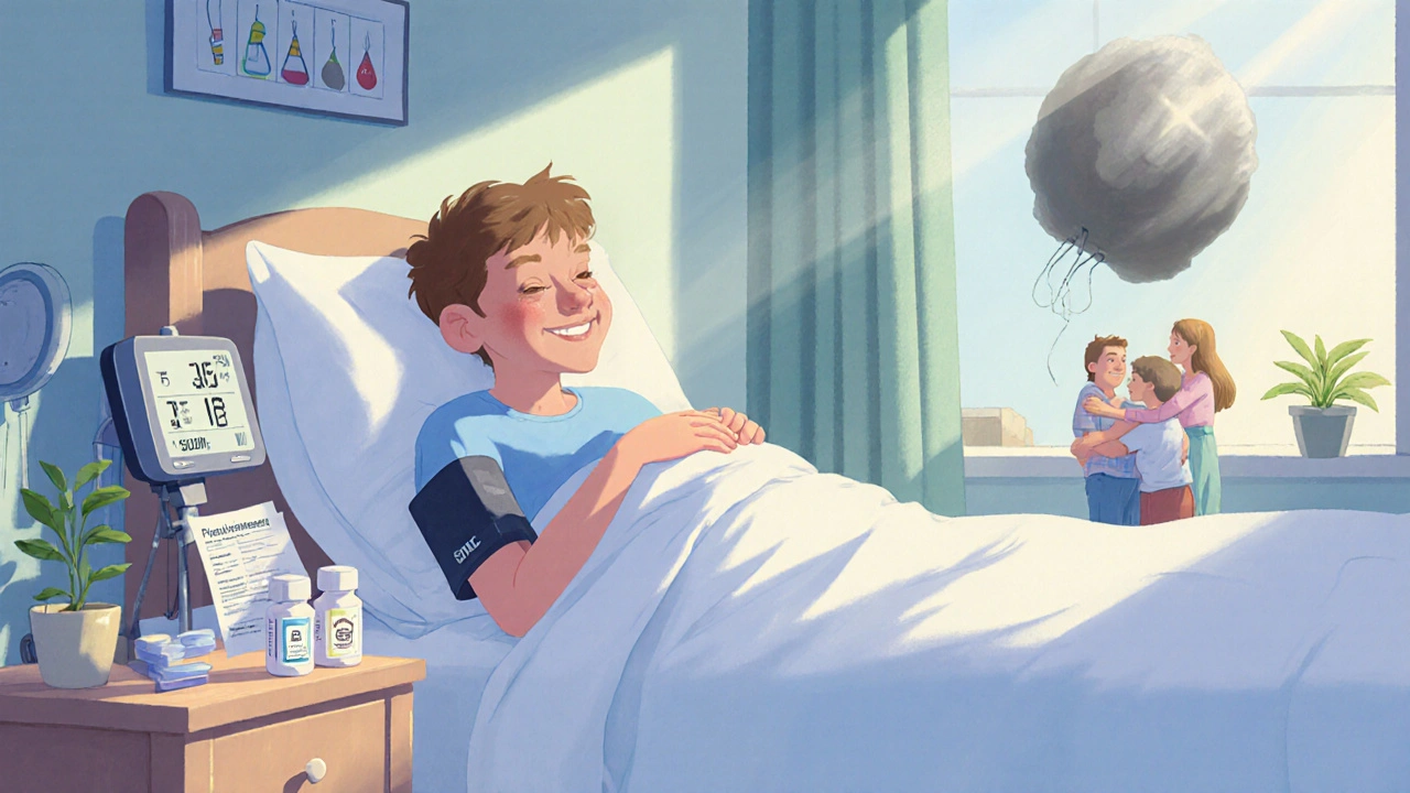 A patient recovers after surgery, blood pressure normal, with genetic test results and a fading tumor in the background.