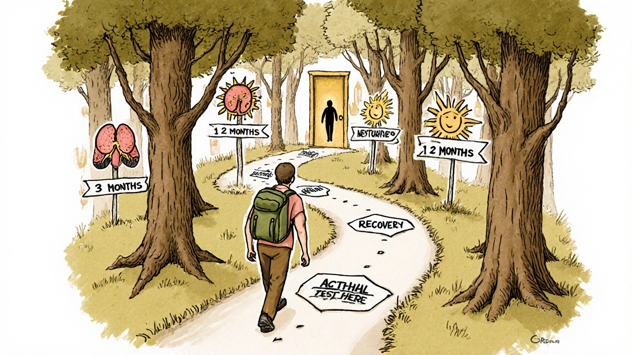 A person walking a trail marked with steroid taper milestones toward a glowing recovery door.