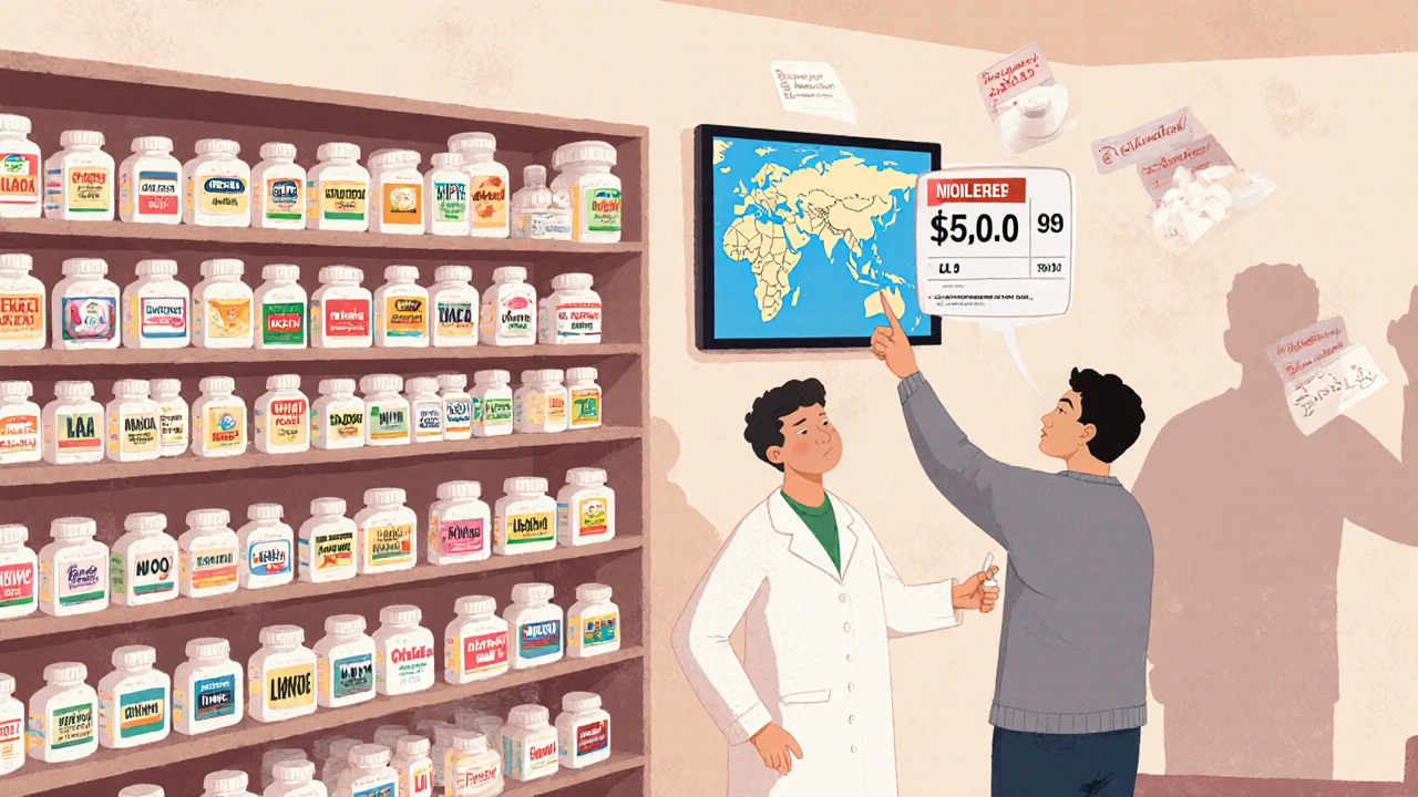 A pharmacy shelf holds many generic pills with hidden supply chain details, as a patient and pharmacist examine a delay map.