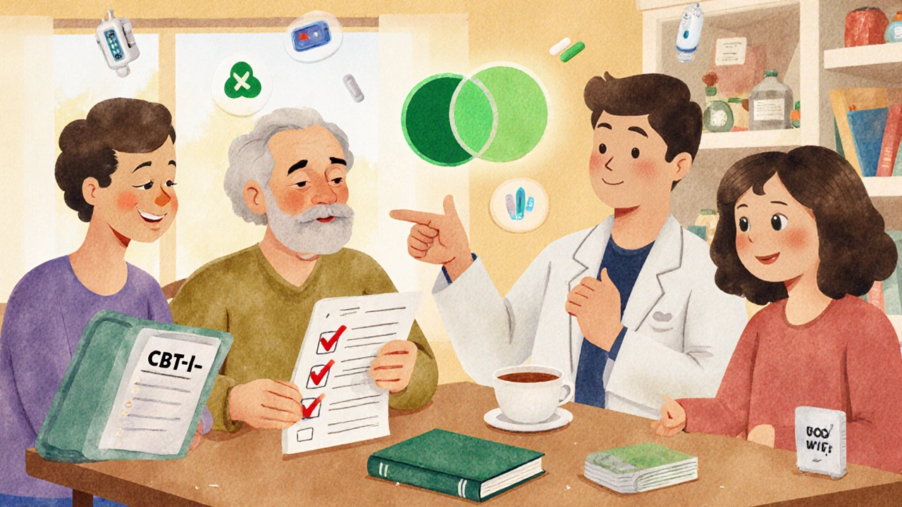 A senior and pharmacist review medication risks at a kitchen table, with safer alternatives glowing gently nearby.