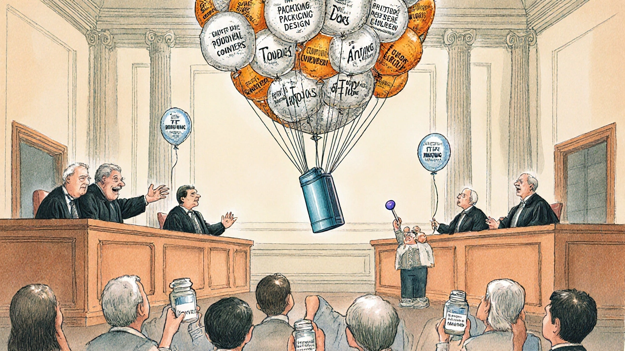 A whimsical courtroom where lawyers argue over an inhaler covered in patent balloons, with patients watching anxiously.