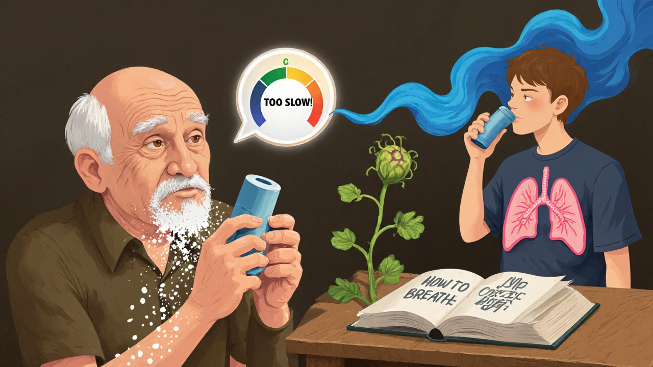 An elderly man struggling with a dry powder inhaler as a meter shows &#039;Too Slow!&#039;, while his younger self inhales correctly.