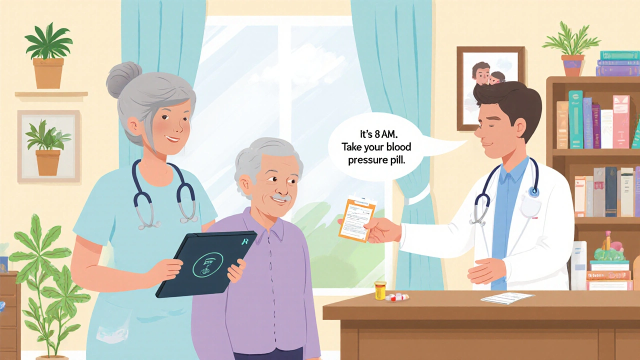 Caregiver and elderly person receiving medication guidance from a pharmacist with a voice assistant visible.