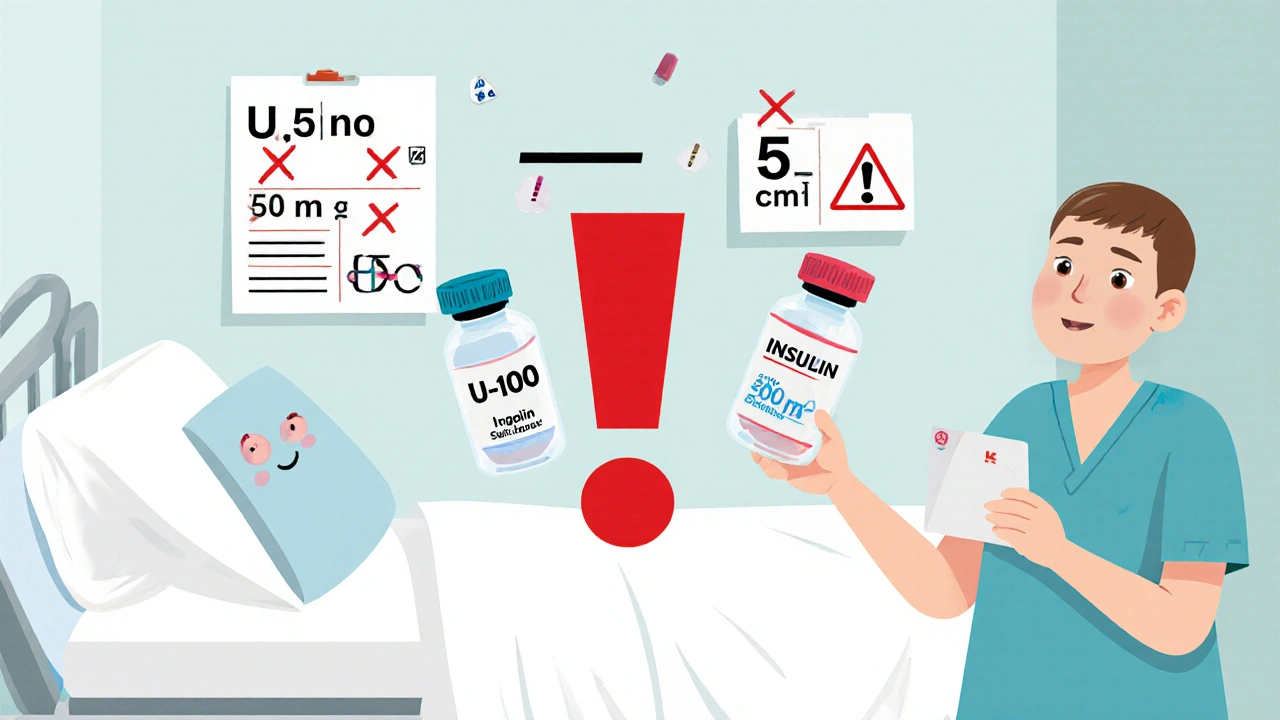 Caregiver holding two insulin vials with U-100 and U-500 labels, decimal point floating between doses.