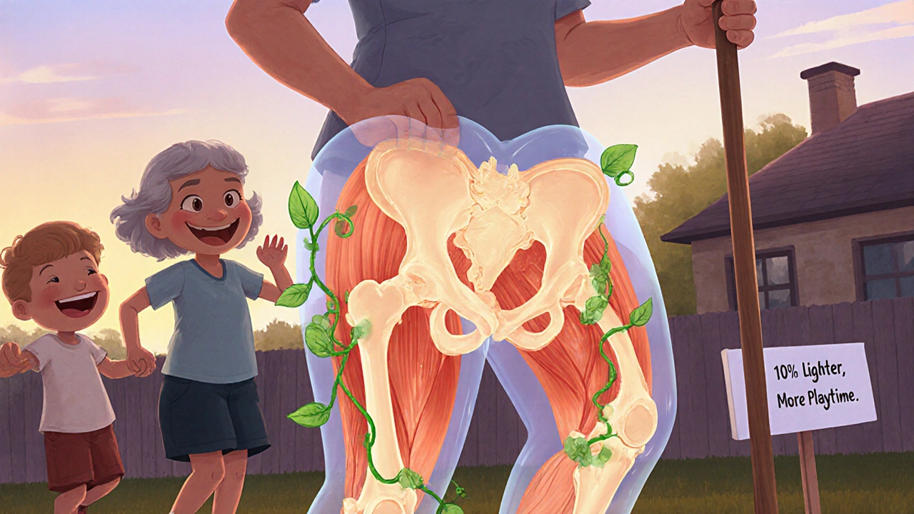 Grandparent laughing with grandchildren, hip joint glowing healthily, no weights in sight.