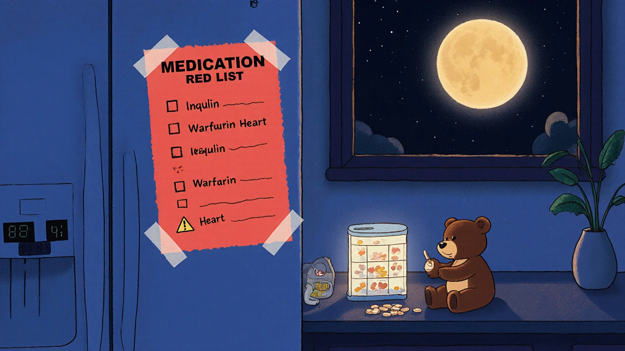 Nighttime view of a red warning list on the fridge beside a pill box, under soft moonlight.