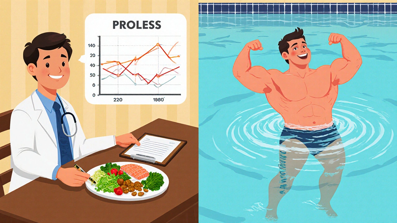 Person eating healthy food and swimming, with a progress chart showing weight loss and joint protection.