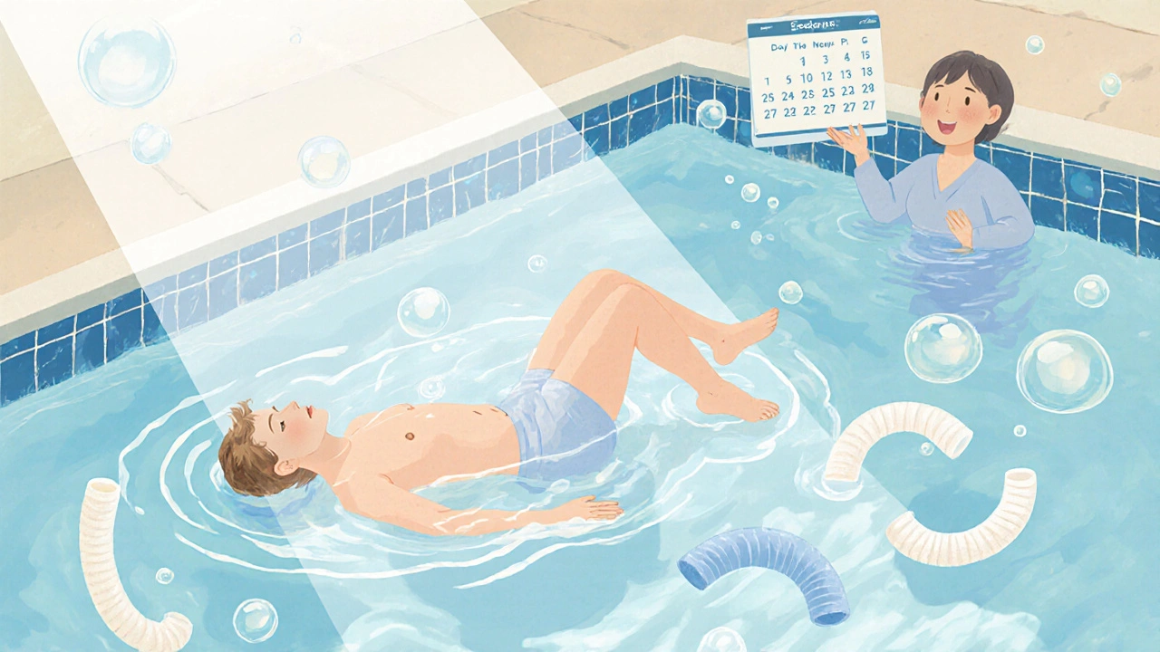 Person performing hip lift in warm pool with therapist nearby, surrounded by water ripples and foam noodles.