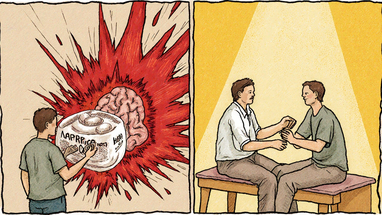 Split scene: one side shows dangerous bleeding from NSAIDs, the other safe pain relief with heat and stretching.