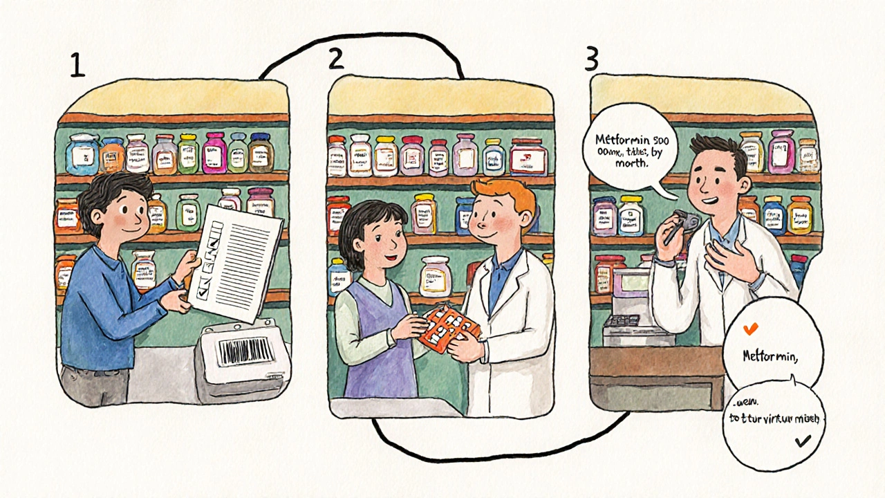 Three-step medication verification process illustrated as a path through a pharmacy with glowing checkmark.