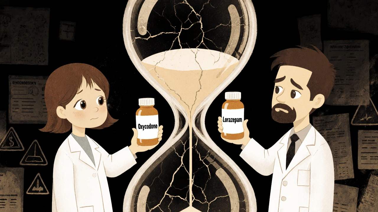 Two doctors pass opioid and benzodiazepine pills into a cracked hourglass whose sand turns into a dark, sinking stream.