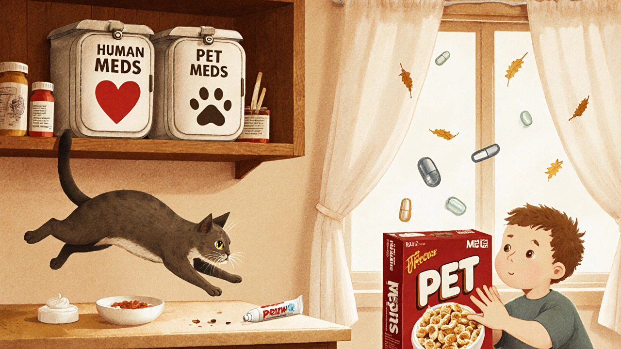 Two locked containers in a pantry, one for human meds and one for pet meds, with a cat and child reaching for pills.
