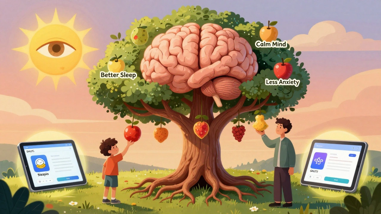A brain-shaped tree bears fruits of better sleep and calm mind, with people of different ages picking them under a sunrise.
