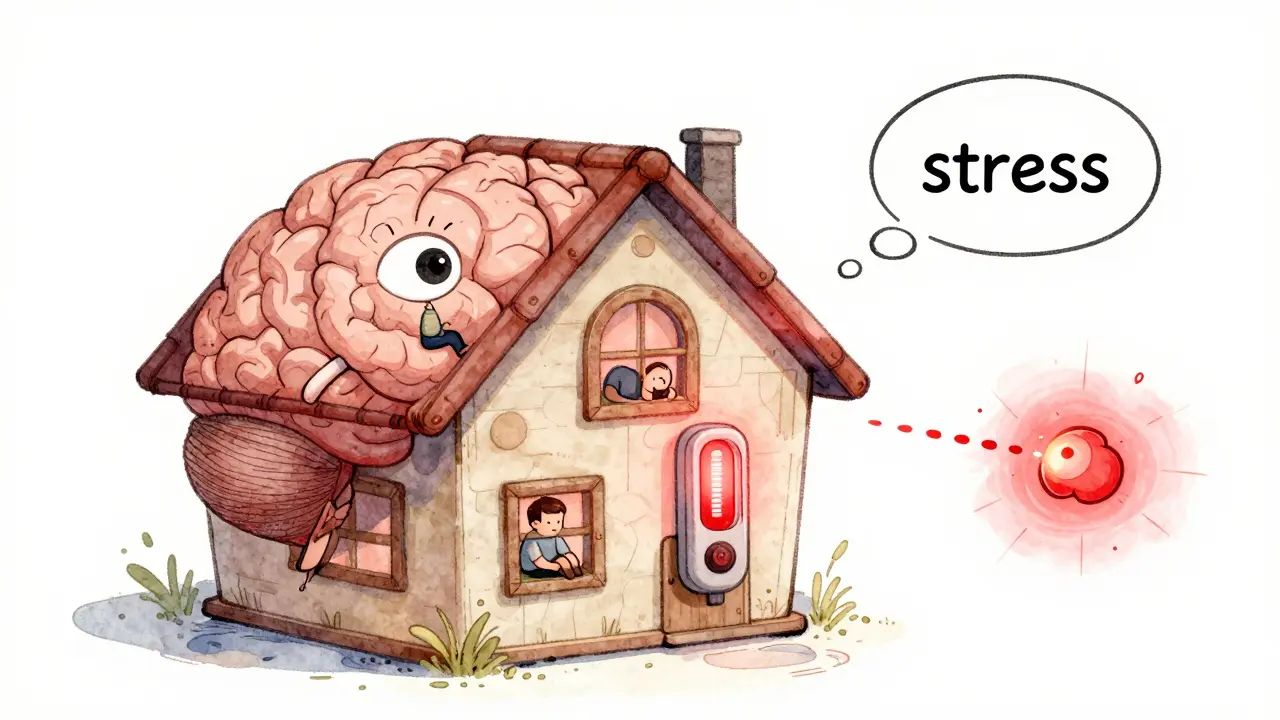 A brain shown as a house with a red thermostat, reacting to harmless daily signals with gentle pain ripples, illustrated in soft watercolor tones.