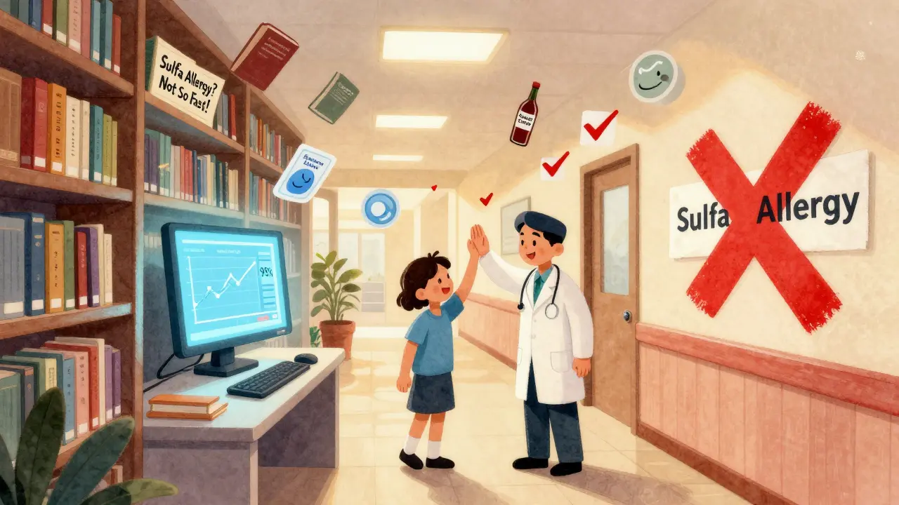 A doctor and patient celebrate beside a glowing screen showing high safety rates, with myth symbols fading away in a magical library setting.