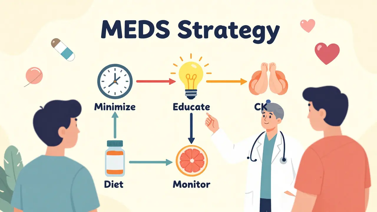 A doctor and patient exploring a colorful MEDS strategy flowchart with icons of pills, muscles, and hearts.