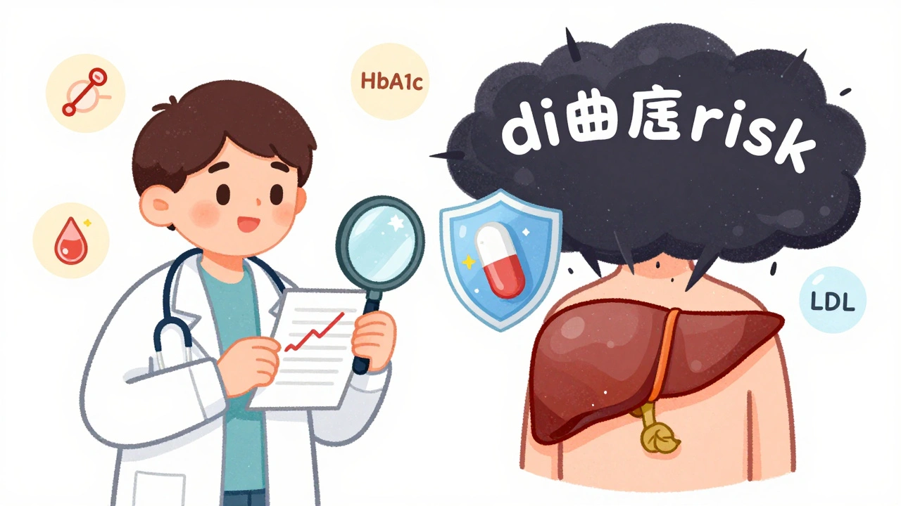 A doctor uses a magnifying glass as a pitavastatin pill deflects diabetes risk clouds from a patient&#039;s organs in a whimsical illustration.