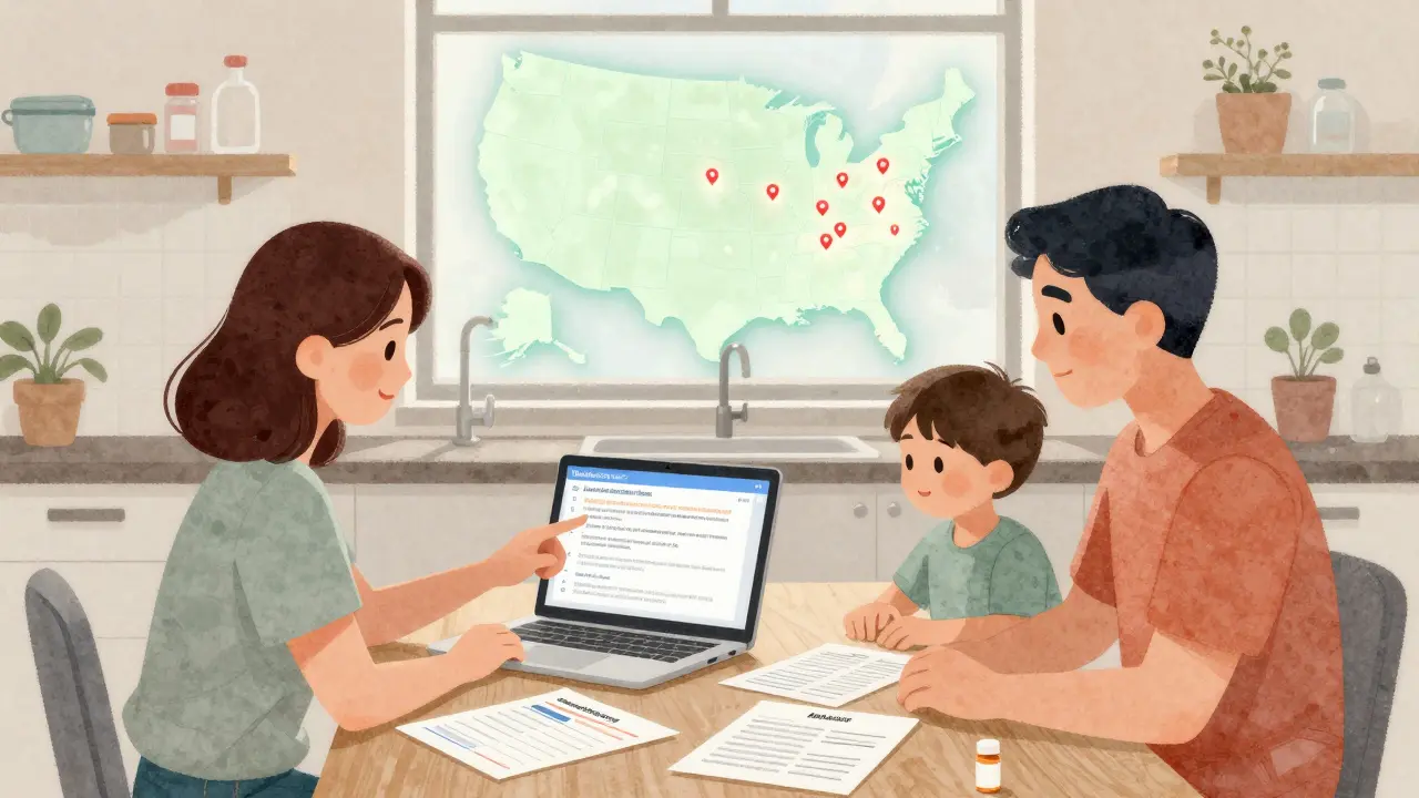 A family reports a medication error at home, with a U.S. map showing glowing report locations in the background.