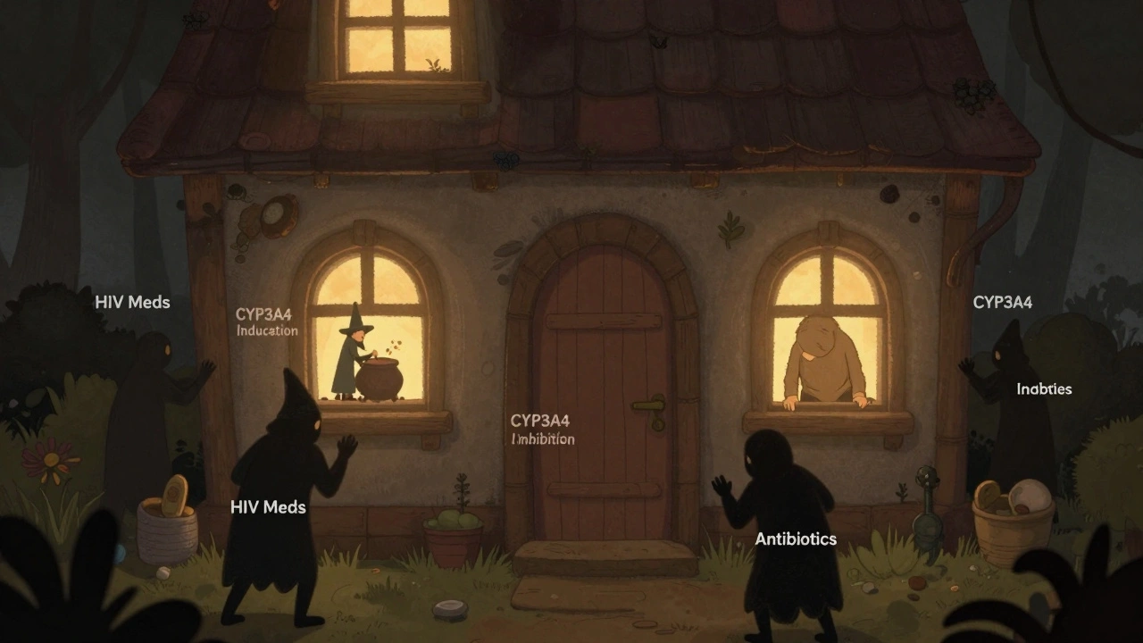 A liver cottage with glowing enzyme windows, showing drug interactions as tiny figures blocking or stirring potions.