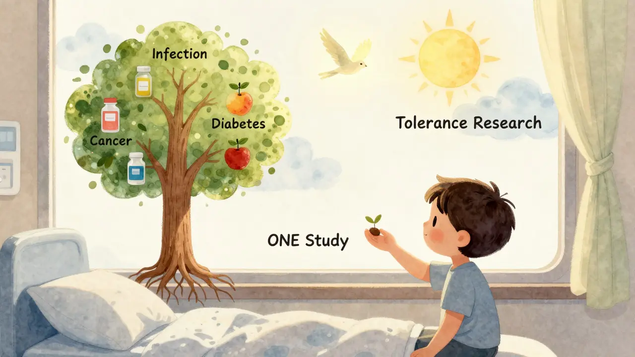 A patient's shadow becoming a tree of side effects, with a light bird flying toward hope.