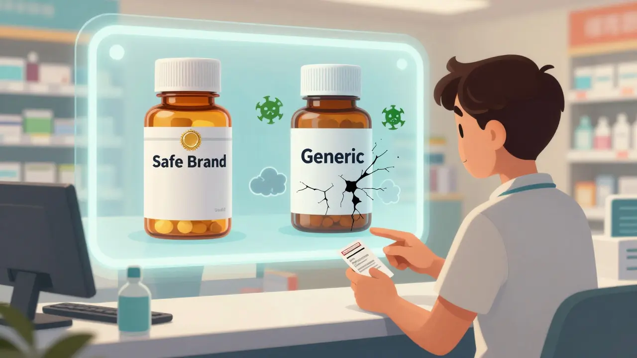 A patient asks a pharmacist for the drug manufacturer, as two pill bottles glow side by side — one safe, one leaking danger.