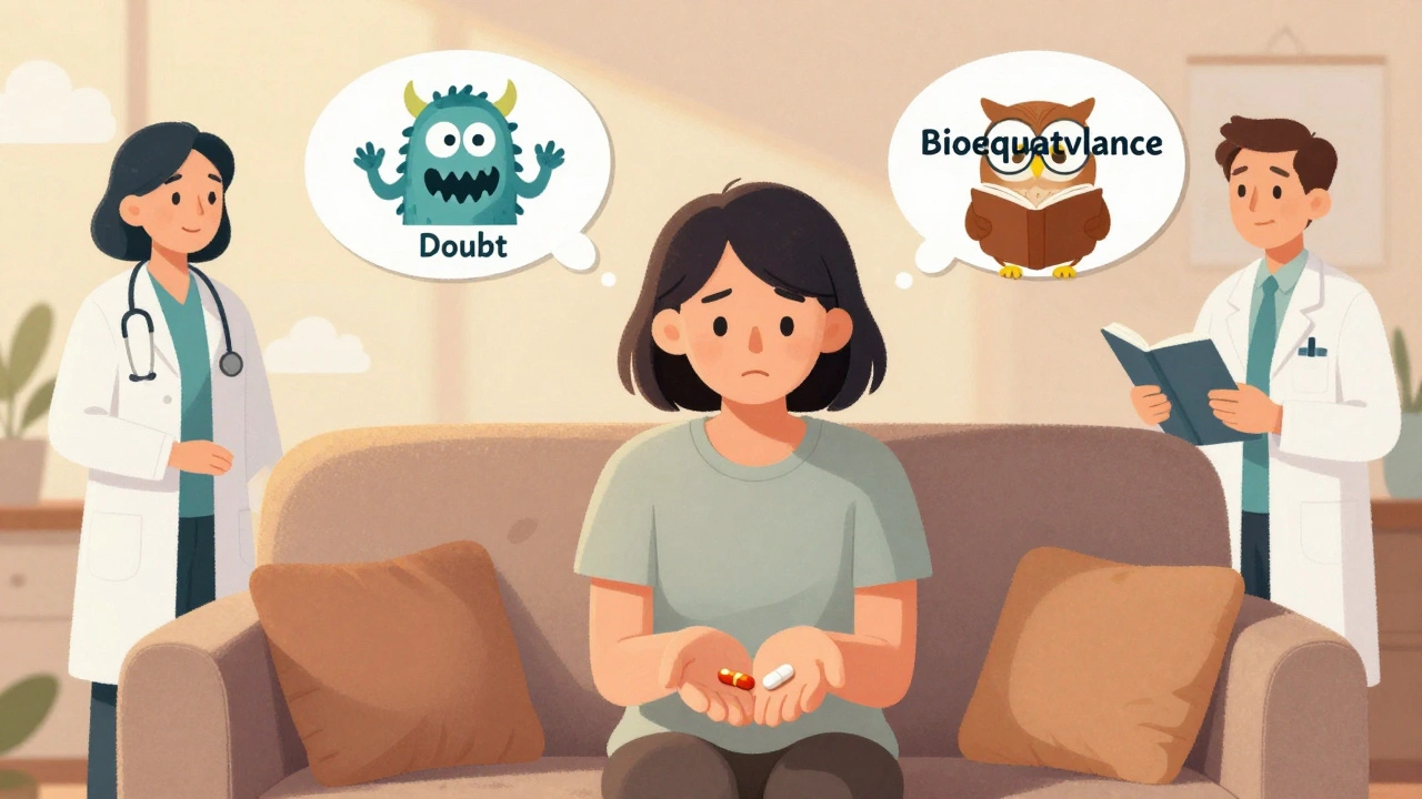 A patient holds different pills while thought bubbles reveal doubt and knowledge, with caring healthcare providers nearby in a warm storybook setting.