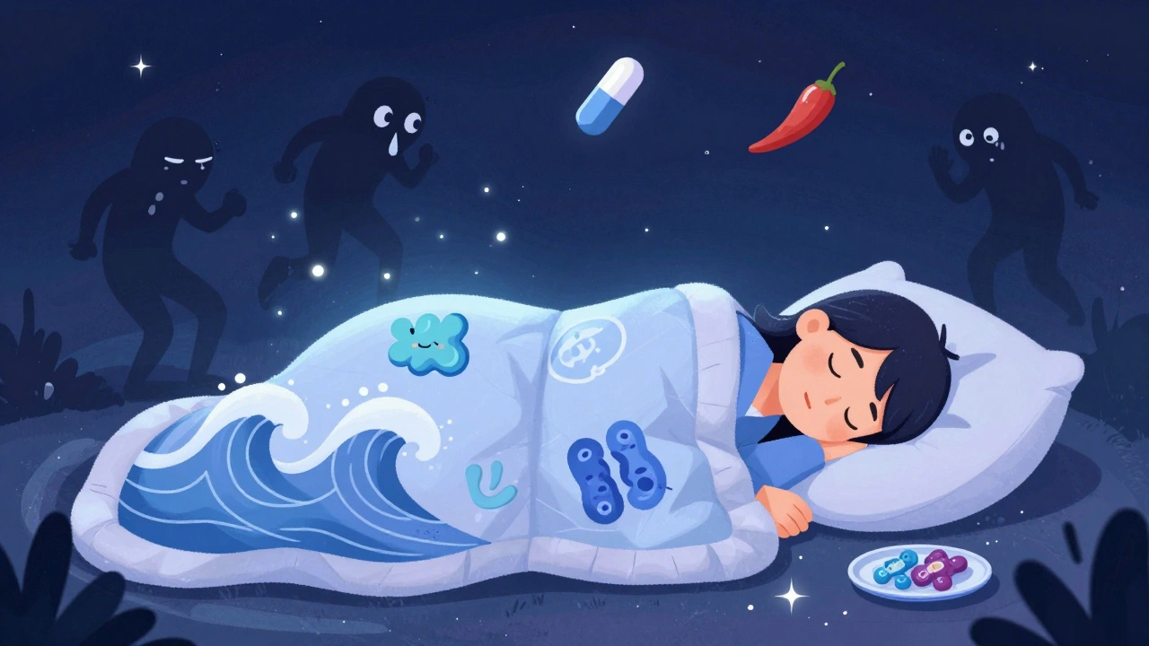 A peaceful sleeper under a healing quilt as stress and triggers fade into the night.