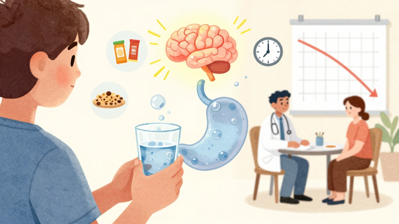 A person drinking water before a meal, surrounded by healthy habits like protein, exercise, and calm doctor conversation.