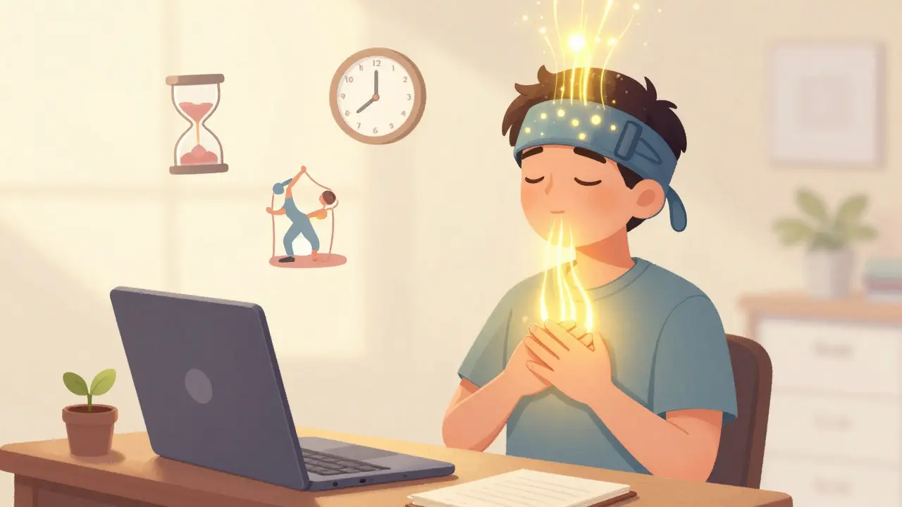 A person meditating as golden light heals their head, surrounded by icons of sleep, breathing, and a diary, in a peaceful morning scene.