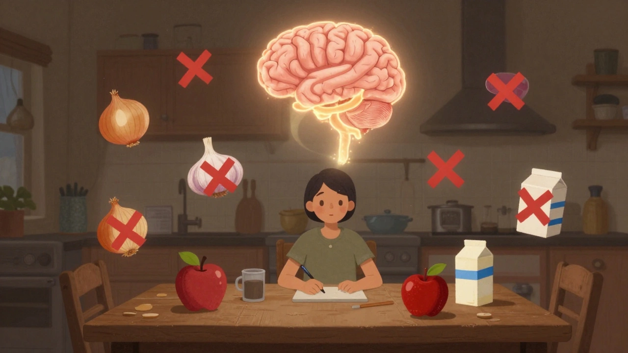 A person surrounded by forbidden foods with a glowing gut-brain connection above them.