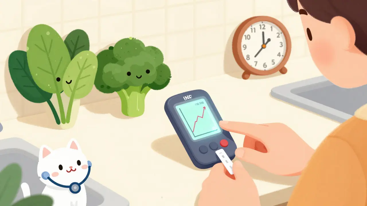 A person tests their INR at home with a handheld device while healthy vegetables watch nearby.