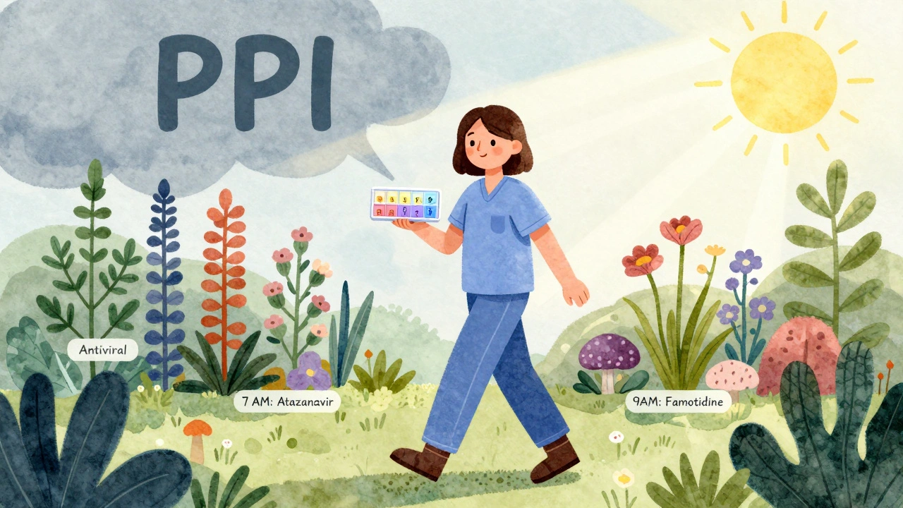 A person using a timed pill organizer in a garden of medicinal plants under sunlight.