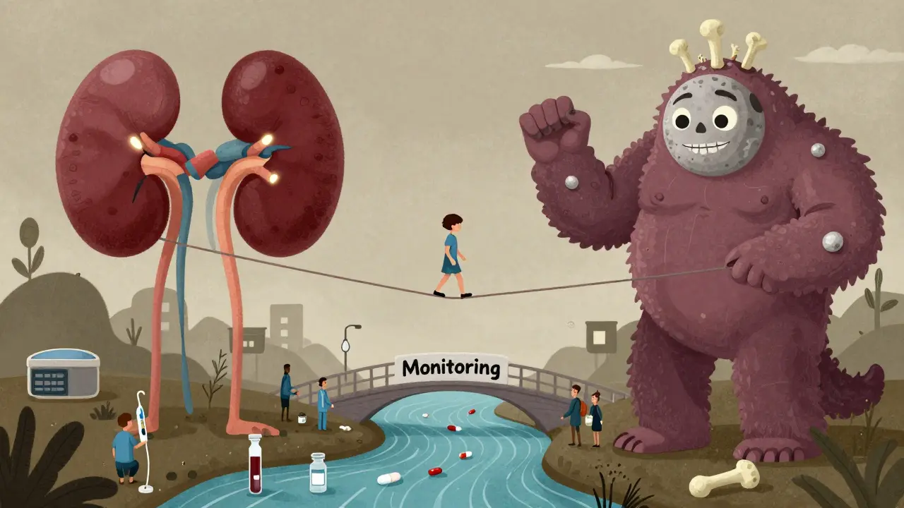 A person walking a tightrope between two giant drug monsters in a symbolic medical landscape.