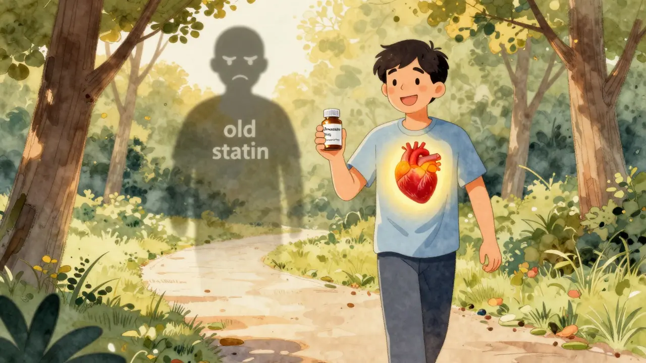 A person walking happily in a park with a small statin bottle, a glowing healthy heart inside their chest.