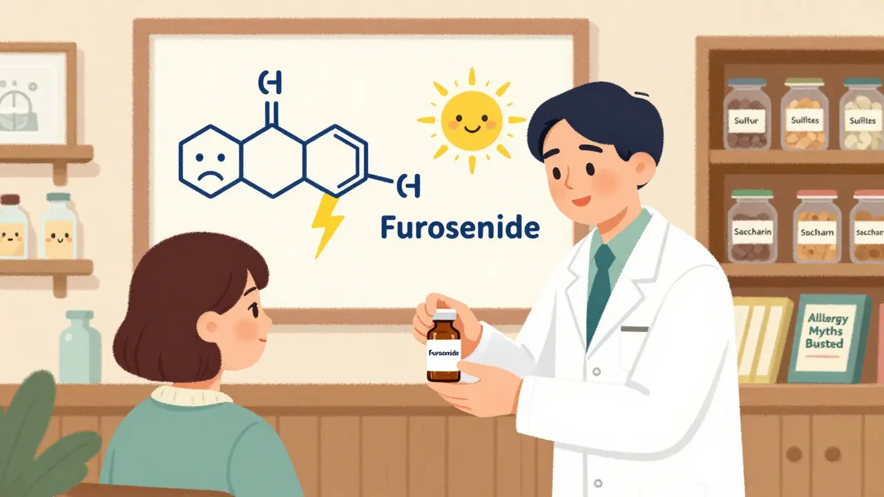 A pharmacist gives a patient a medicine bottle while chemical structures and common myths are shown as friendly illustrations on the wall.