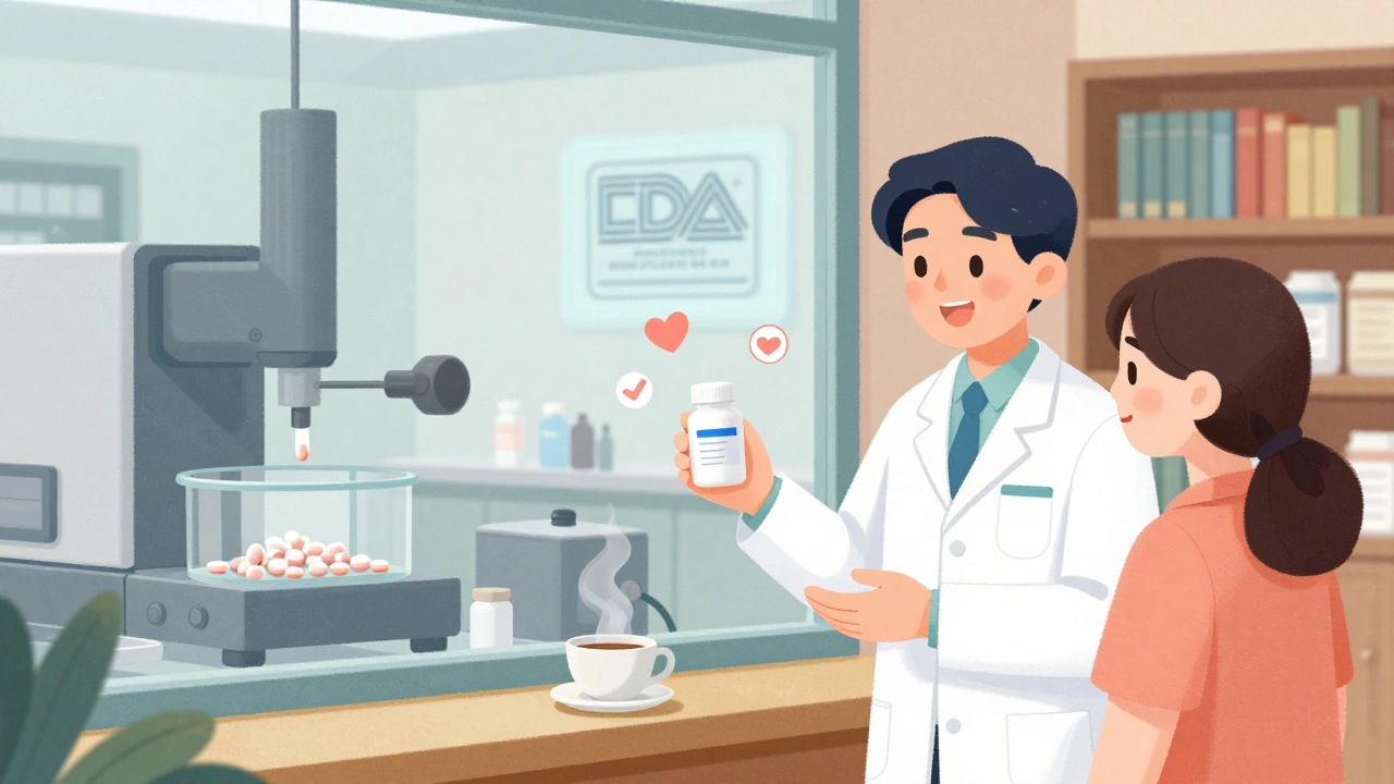 A pharmacist handing a plain pill bottle to a patient, with a shared production line visible in the background.