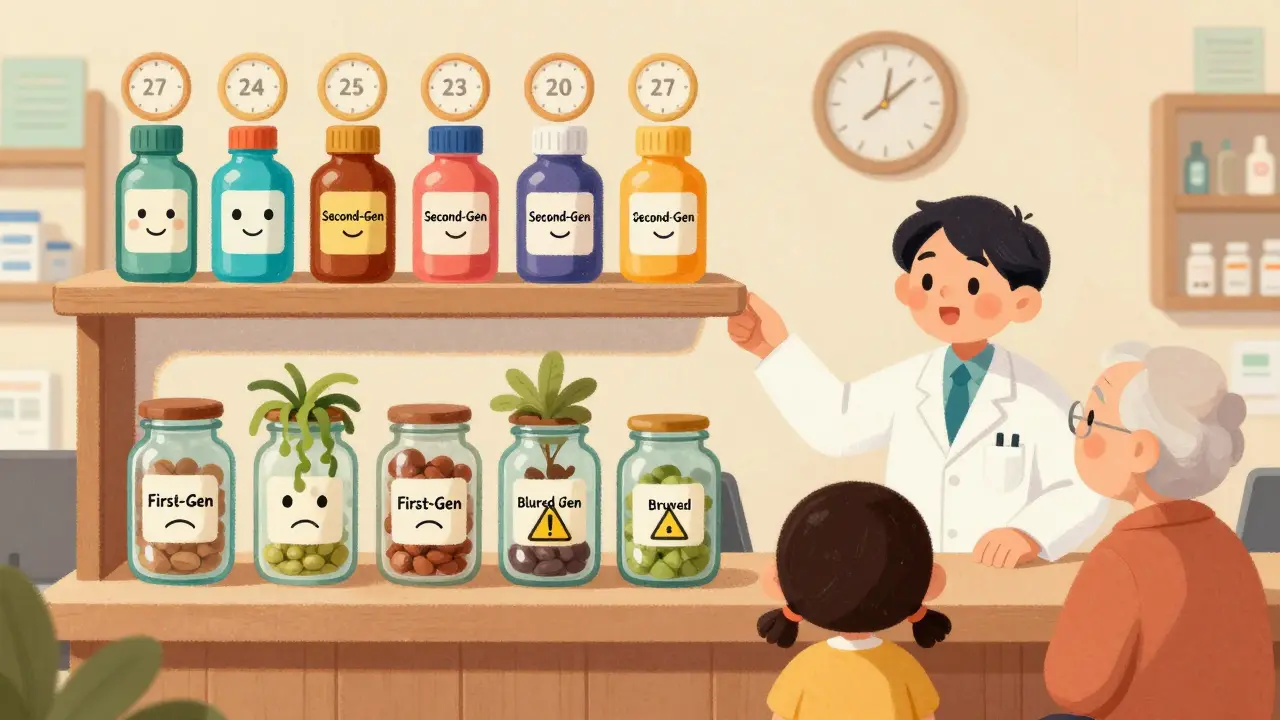 A pharmacy shelf with modern non-drowsy antihistamines above and old sedating ones below, with a pharmacist guiding a family to the better choice.