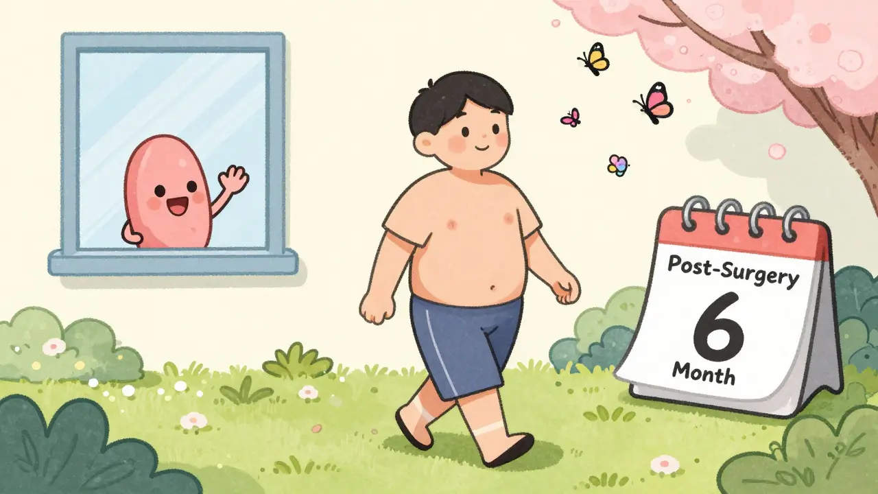 A recovering patient walking in a spring garden as cortisol butterflies fly away, symbolizing healing after surgery.