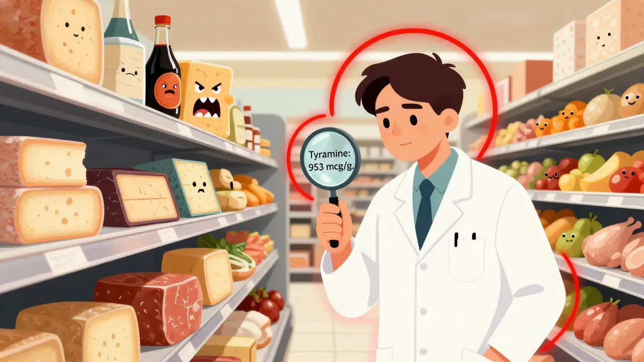 A shopper examining a food label in a supermarket, surrounded by warning halos around dangerous aged cheeses and cured meats.