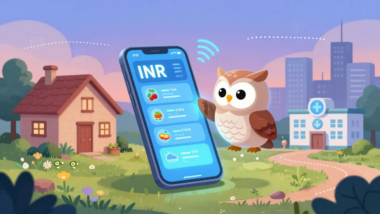 A smartphone connects to an AI owl assistant that tracks INR trends and health factors.