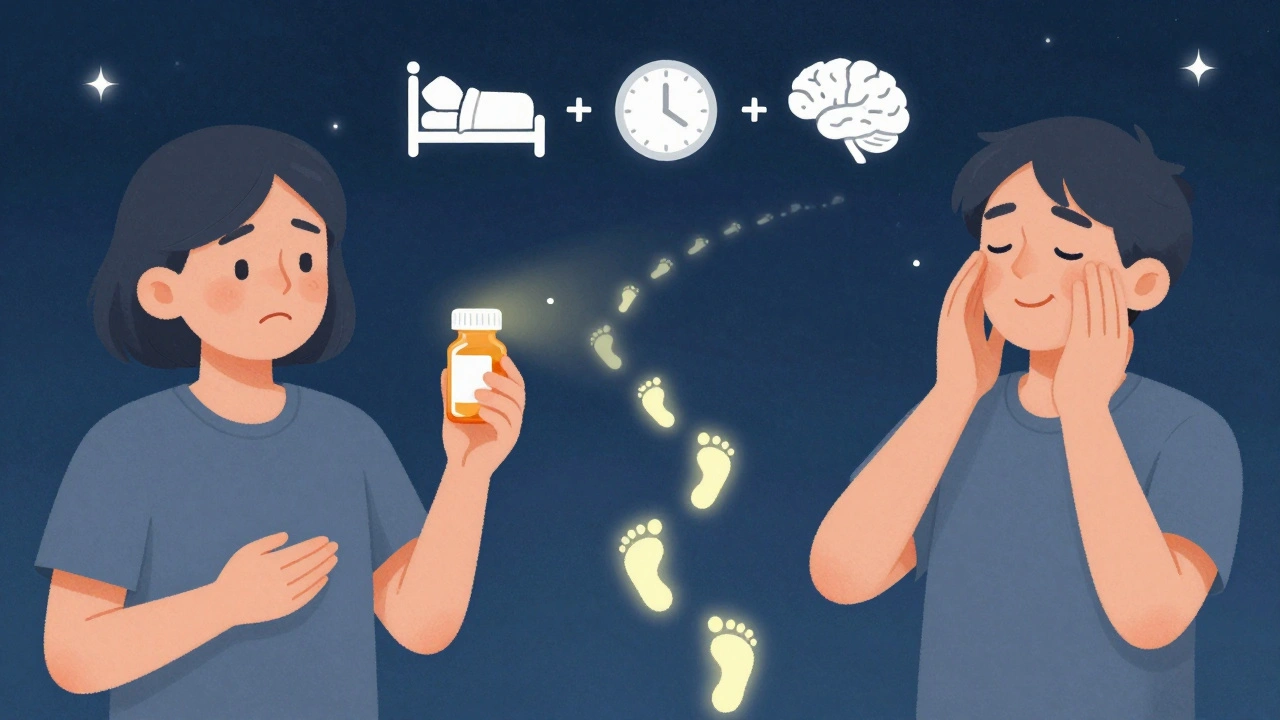 A split scene: one side shows a person with a sleeping pill and frowning face, the other shows them breathing calmly under stars.