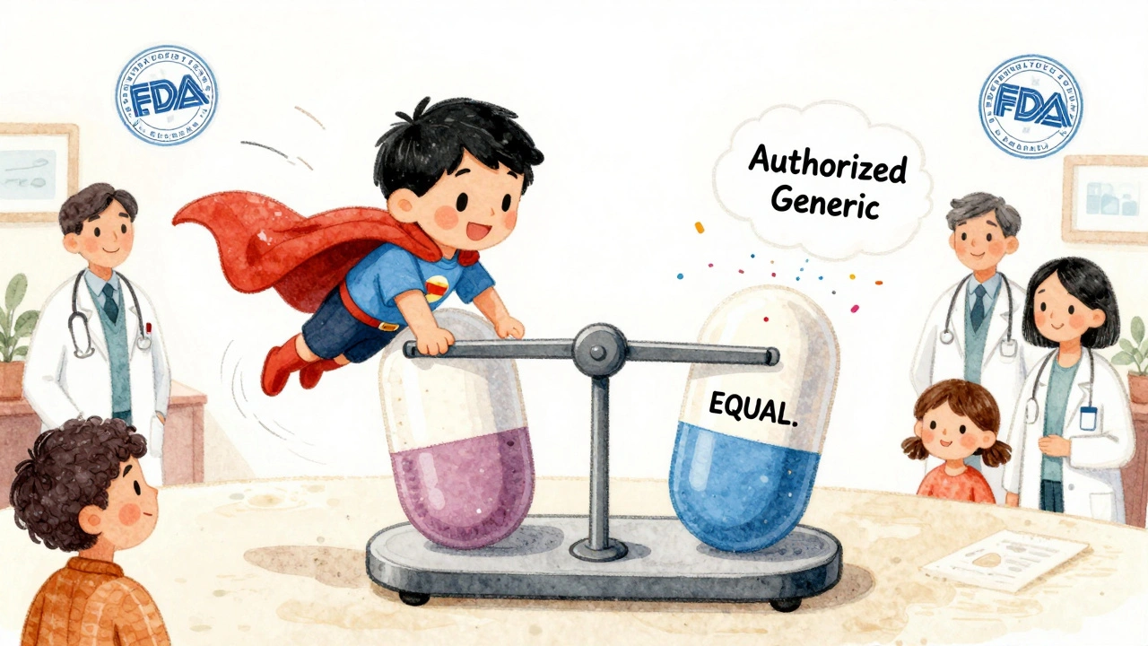 A superhero pill transforming into its identical generic twin, landing equally on a scale with floating FDA seals.