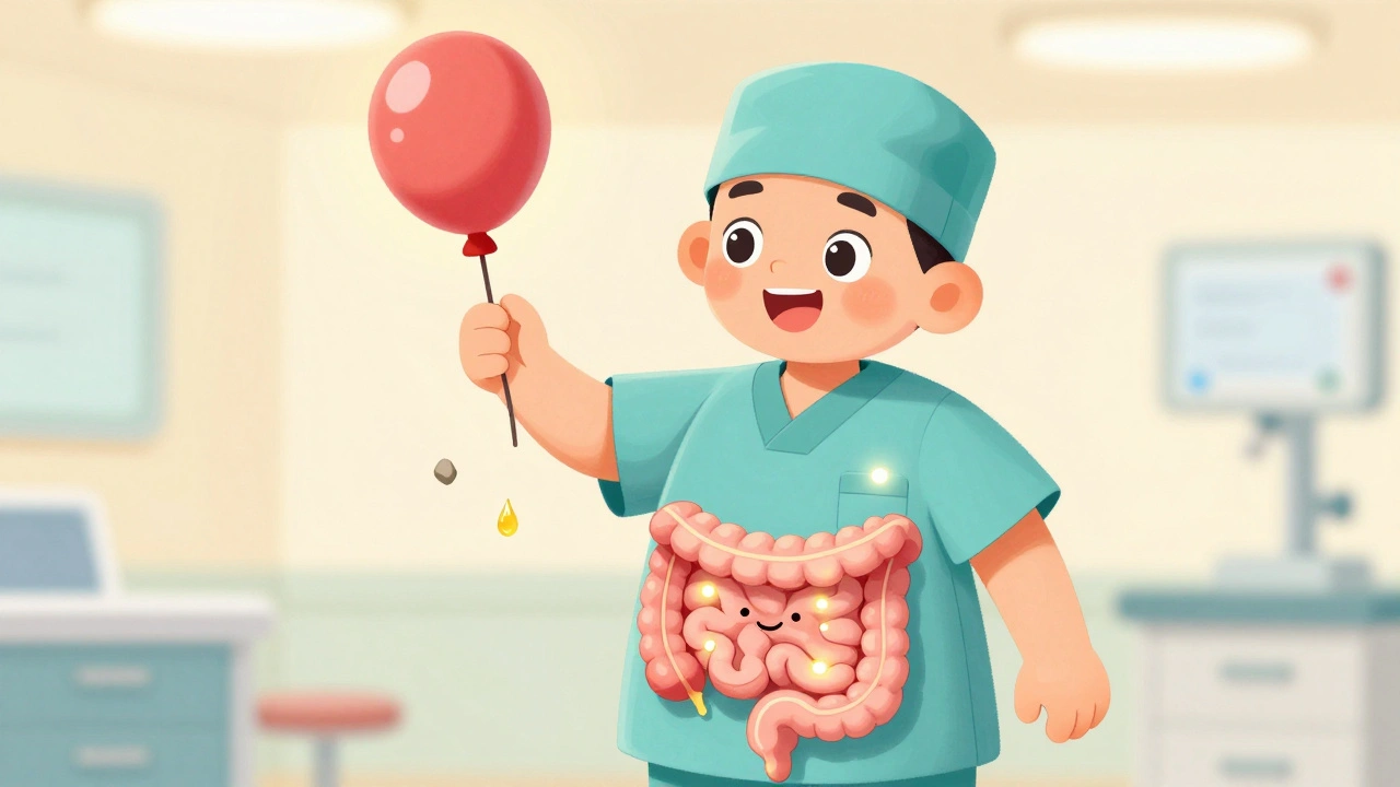 A surgeon holding a removed gallbladder as bile flows freely into the intestine in a hopeful scene.
