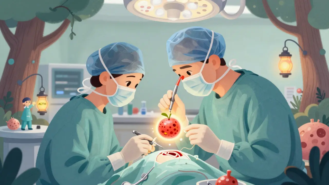 A surgeon removing a glowing pituitary tumor through the nose, illustrated like a magical forest with anatomical helpers.