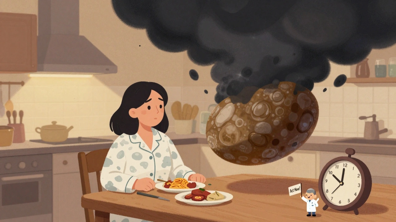 A woman at a kitchen table with a dark gallstone above her abdomen and a ticking 72-hour clock.