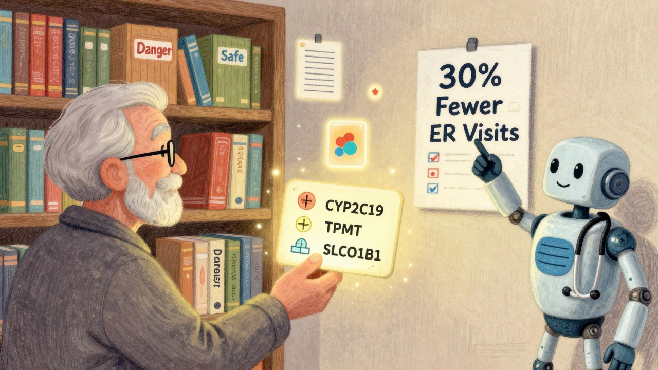 An elderly person holds a glowing genetic medicine card while floating drug books show which are safe or dangerous.